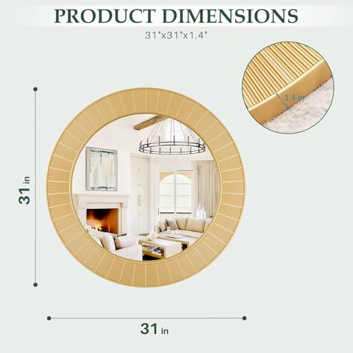 CozyDH 31 Inch Gold Round Mirror for Wall Decor - Large Modern Accent Circle Mirror Elegant Boho Decorative Home Wall Art for Bathroom Vanity Washroom Entryway Fireplace Living Room Bedroom Hallway - color: Gold-31 Inch