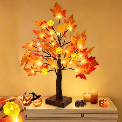 Prelit Fall Maple Tree with Pumpkin Lights Timer 24 Warm White LED 18 Inch - size: 1ft 6in