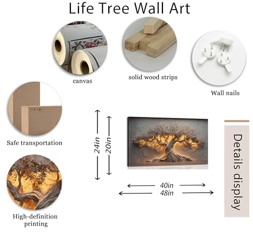 ZAWUDVC Large Tree of Life Wall Art, Neutral Nature Big Tree Botanical Canvas Print Poster, Rustic Stone Wall Decor for Living Room Bedroom Hotel, Earth Tone, - color: Tree of Life, size: 40"L x 20"W