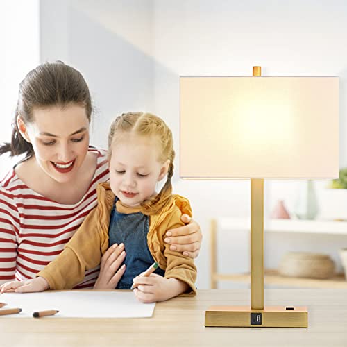 21" Touch Bedside lamps with 2 USB & AC Outlets, 3-Way Dimmable Bedside Table Lamps Set of 2 for Bedroom Living Room Office Reading, White Shade Lamps for Night Stands, 2700K LED Bulbs Included - color: White Cream Linen & Brushed Gold