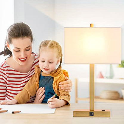 21" Touch Bedside lamps with 2 USB & AC Outlets, 3-Way Dimmable Bedside Table Lamps Set of 2 for Bedroom Living Room Office Reading, White Shade Lamps for Night Stands, 2700K LED Bulbs Included - color: White Cream Linen & Brushed Gold