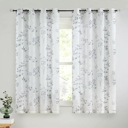 Beauoop Floral Linen Semi Sheer Curtains Living Room Grey 50x54 2 Panels - color: Grommet | Grey, size: 50"W x 54"L (Pack of 2)