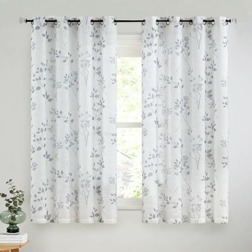 Beauoop Floral Linen Semi Sheer Curtains Living Room Grey 50x54 2 Panels - color: Grommet | Grey, size: 50"W x 54"L (Pack of 2)