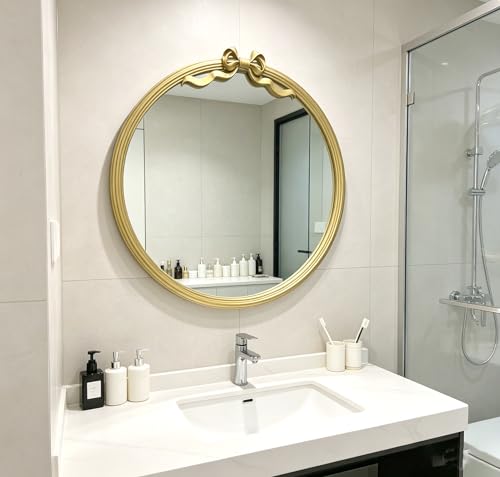 25" Round Wall Mirror with Gold Bow, Metal Frame Decorative Hanging Circle Mirror