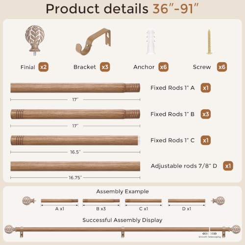 Curtain Rod 36-91 Inch, Boho Wood 1 Inch Curtain Rods for Windows - color: White Wood, size: 36''-91'' (1 Pack)