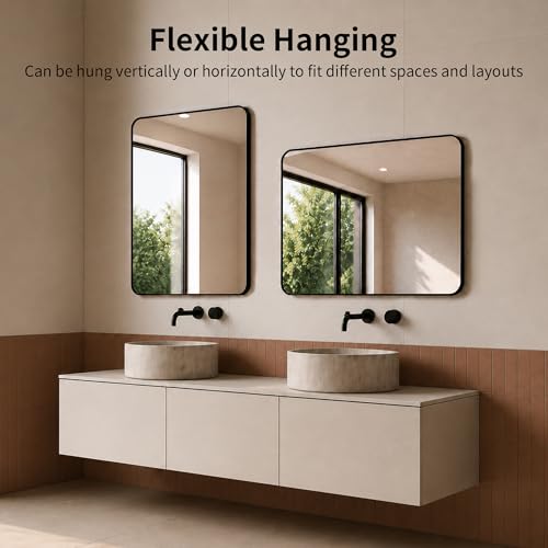 DeerValley Bathroom Mirror with Black Frame, Rounded Rectangle - color: Silver, size: 36"L x 30"W