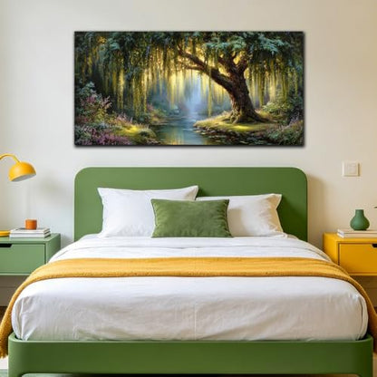 MXUNYZ Green Willow Tree Picture for Living Room Botanical Nature Painting - color: Green, size: 48"L x 24"W