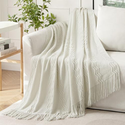 MIULEE Cream White Knitted Boho Throw Blanket for Couch 50"x60" - color: Cream White, size: 50" x 60"