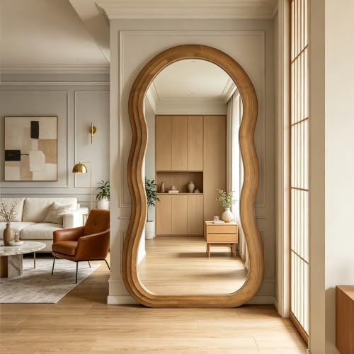 71"x33.5" Wavy Full Length Mirror with 3-Layer Solid Wood Frame - color: Natural Wavy Frame, size: 71"L x 33.5"W