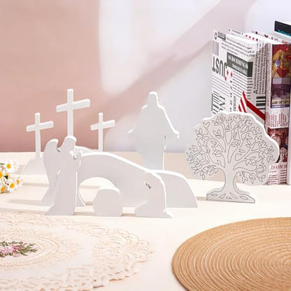 APUDW 7 Pcs Easter Scene and Cross Decoration White Wooden Empty Tomb Resurrection Scene Tabletop Display Christian Religious Jesus Nativity Set for Easter Holy Week Home Office Church Tray Shelf