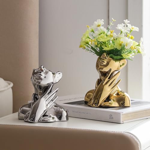 BrownLove Golden Ceramic Face Vase, Modern Golden Decorative Art Vase, Bookshelf Placed On The Desktop, Small Living Room, Office and Bedroom - style: Golden-Charming