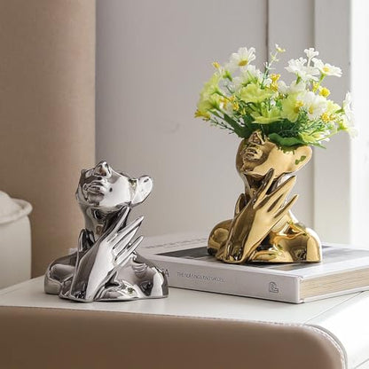 BrownLove Golden Ceramic Face Vase, Modern Golden Decorative Art Vase, Bookshelf Placed On The Desktop, Small Living Room, Office and Bedroom - style: Golden-Charming