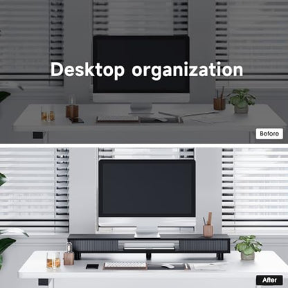 Fenge Dual Monitor Stand with Storage, Desk Shelf with Glass Sliding Door - color: Black