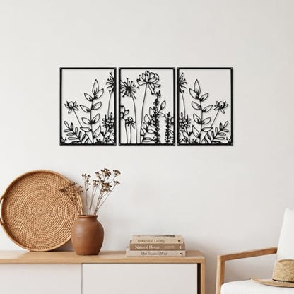 Afcabakila 3 Pcs Black Metal Wall Art Minimalist Wall Decor Modern Minimalist Floral Single Line Living Room Wall Decor Metal Boho Flower for Bedroom Kitchen Bathroom 16.5x11.8 Inch
