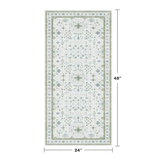 Cream Green and Blue 2x4 Boho Bathroom Rug - Oushak Floral Pastel, Washable Low Pile Non Slip with Rubber Backing Stain Resistant Entryway Rugs Indoor, Small Carpet for Kitchen, Bedroom, Laundry Room - color: Cream Green, size: 2' x 4' (Rectangular)