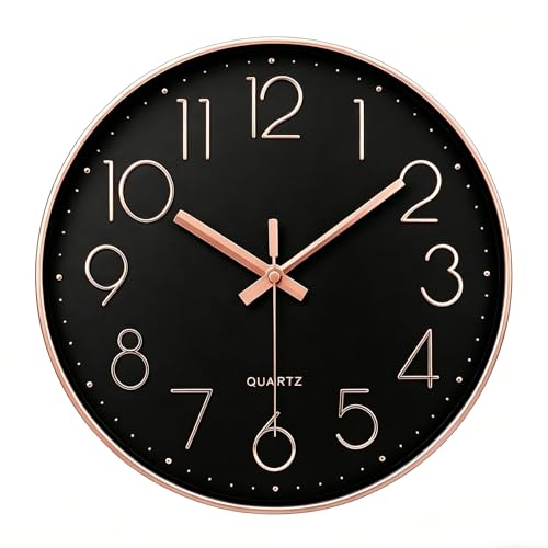 jomparis Rose Gold Wall Clock for Grils Womens Silent Non-Ticking Clock Decorative for Bedroom Office - color: 1 Pack - Rose & Black, size: 12 Inch