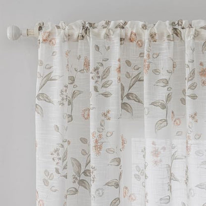 SUOUO Floral Semi Sheer Curtains Linen Textured 84 inches 2 Panels - color: Coffee-l, size: 52"W x 84"L (Pack of 2)