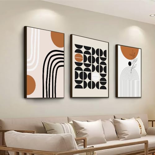 QKF 3Pcs Black Brown Boho Abstract Geometric Line Framed Canvas Wall Art - color: Brown Black And White, size: 20" X 28" X 3 pieces