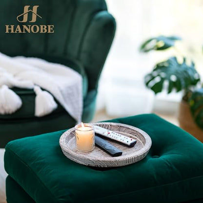 Hanobe 장식용 커피 테이블 트레이, 둥근 나무 캔들 홀더 플레이트 - color: 화이트 워싱