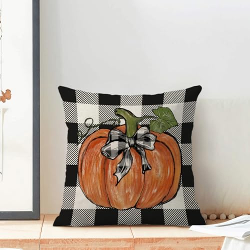 Fall Buffalo Plaid Orange Pumpkin Pillow Covers 18x18 Set of 2 - color: Black-buffalo Plaid Pumpkin, size: 18" x 18" (Pack of 2)