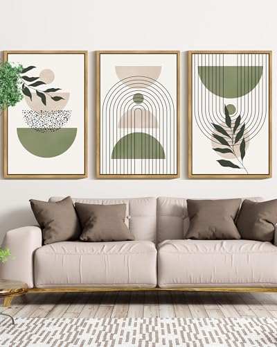 Drsoum Large 16x24in Green Botanical Boho Wall Art Framed Modern Sage Bohemian Wall Decor Abstract Geometry Lines Prints Ready to Hang Natural Framed - color: Green Bohemain, size: 16" x24" x3pcs, Natural Framed