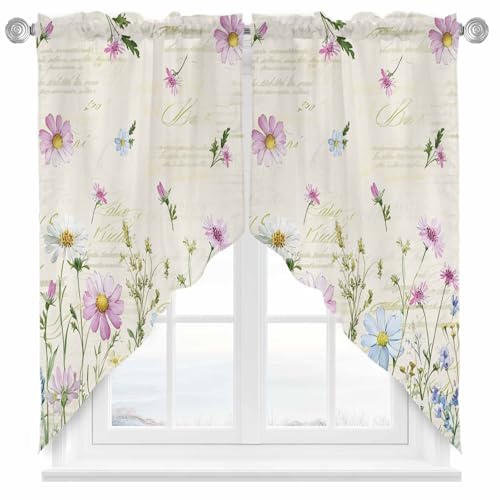 Botanical Flowers Swag Valances Kitchen Curtains 36 Inches Length, Pink Blue Floral Plants Tier Drapes Swag Topper, Farmhouse Country Short Window Treatments for Small Windows Cafe 2 Panels 28"x36" - color: Pink Blue Green, size: 28"W x 36"L (Pack of 2)