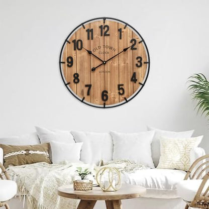 EMAX HOME Large Old Town Farmhouse Wall Clock 24 Inch Rustic Antique Wood with Metal Circle and Large Numerals Silent Battery Operated Wall Clock for Office Kitchen Bedroom Living Room - color: Brown, size: 24 Inch