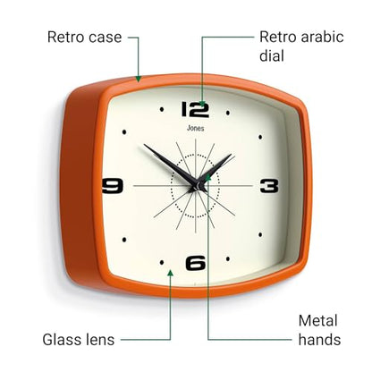 JONES CLOCKS® Movie wall Clock | Rectangular Retro Clock | 10" | Orange - color: Pumpkin Orange