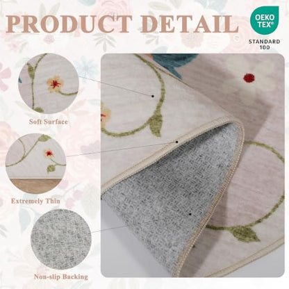 DUKINO 2x4 Entryway Rug, Floral Washable Kitchen Rugs Non Slip, Beige - color: Beige, size: 2' x 4' (Rectangular)