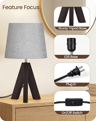 Tripod Table Lamp, 14.6" Small Bedside Lamp, Modern Nightstand Lamp with Gray Shade & Dark Walnut Base, Boho Desk Lamp for Bedroom, Kids Room, Living Room, Study, E26 Socket, VH51TL05 - color: Gray+Dark Walnut