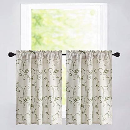 VOGOL Green Vine Embroidered Kitchen Tier Curtains, W30 x L36, 2 Panels - color: Green, size: 30"W x 36"L (Pack of 2)