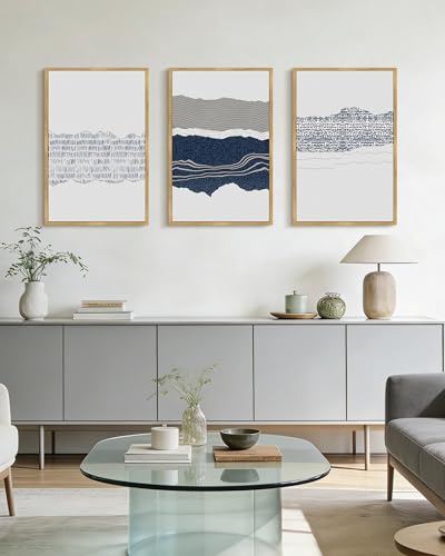 PHOPAGO Navy Blue Abstract Shapes Framed Wall Art 16x24in Natural Frame - color: Cyan Mid Century, size: 24L" x 16W" x 3 Pcs Natural