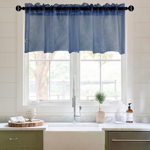 DWCN Sheer Curtain Valance - Linen Look Small Window Curtains for Cafe & Kitchen Windows - Rod Pocket Semi Sheer Drapes, Dusty Blue, 1 Panel, 42W x 18L Inch - color: Dusty Blue, size: 42"W x 18"L (Pack of 1)