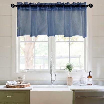 DWCN Sheer Curtain Valance - Linen Look Small Window Curtains for Cafe & Kitchen Windows - Rod Pocket Semi Sheer Drapes, Dusty Blue, 1 Panel, 42W x 18L Inch - color: Dusty Blue, size: 42"W x 18"L (Pack of 1)