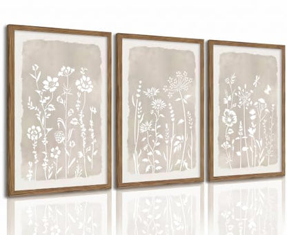 Neutral Floral Wall Art Set of 3, Brown Framed Botanical Canvas Prints - color: White flowers, size: 16x12