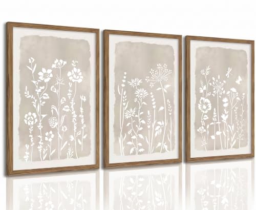 Neutral Floral Wall Art Set of 3, Brown Framed Botanical Canvas Prints - color: White flowers, size: 16x12