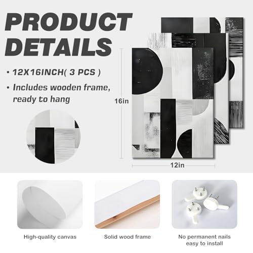 LYYGLYY 3Pcs Framed Black and White Canvas Wall Art 12x16 Inches - color: Black White Blocks, size: 12x16 Inches