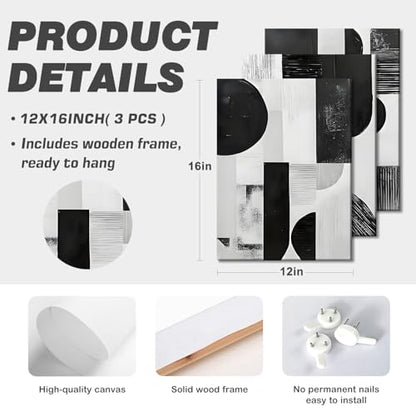 LYYGLYY 3Pcs Framed Black and White Canvas Wall Art 12x16 Inches - color: Black White Blocks, size: 12x16 Inches