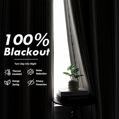 MYSKY HOME Green Striped Linen Curtains 100% Blackout 52Wx63L,2 Panels - color: Green/Blackout, size: 52"W x 63"L (Pack of 2)
