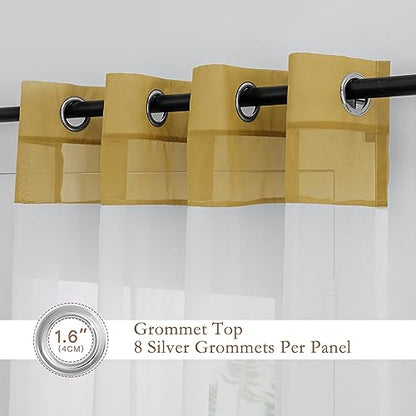 L.Z.E White and Gold Sheer Curtains 84 Inches Long 2 Panels Set for Living Room Dining Room, White Sheer Curtains with Design, Elegant Grommet Transparent Voile Window Curtain Panels - color: Gold, size: 56"W x 84"L (Pack of 2)