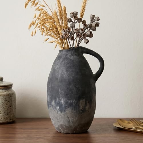 Rustic Ceramic Vase with Handle, 10.3 Inch, Handmade Decor - color: Black