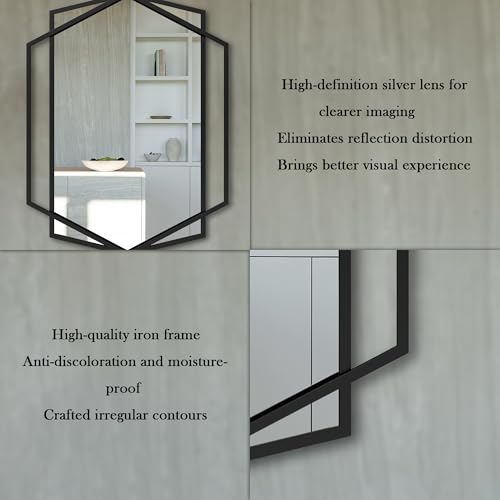 40''X30'' Hexagon Mirror Black Metal Framed Wall Mounted Geometric Bathroom Mirrors for Over Sink, Hexagon and Rectangular Mirror Vertical or Horizontal Hanging for Entryway, Living Room