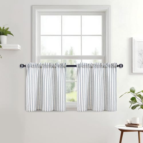 JIUZHEN Farmhouse Striped Linen Kitchen Curtains 2 Panels - Short Tier Drapes 24 Inch Length, Rod Pocket Rustic Window Treatment for Bathroom Living Room, Vertical Striped Blue - color: Vertical Striped Blue, size: 30"W x 24"L (Pack of 2)