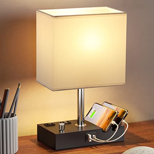 White Table Lamp for Bedroom - Stepless Dimmable, USB C+A, 2 AC Outlets - color: White with Knob Switch, size: 1 Pack