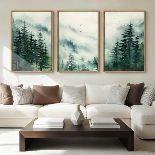 Anyzal Large Foggy Mountain Forest Wall Art Framed 16x24 Inch Dark Green Nature Landscape Canvas Wall decor Misty Woodland Wilderness Artwork for Living Room Bedroom Office Set of 3 - color: Foggy Forest, size: 24"L x 16"W