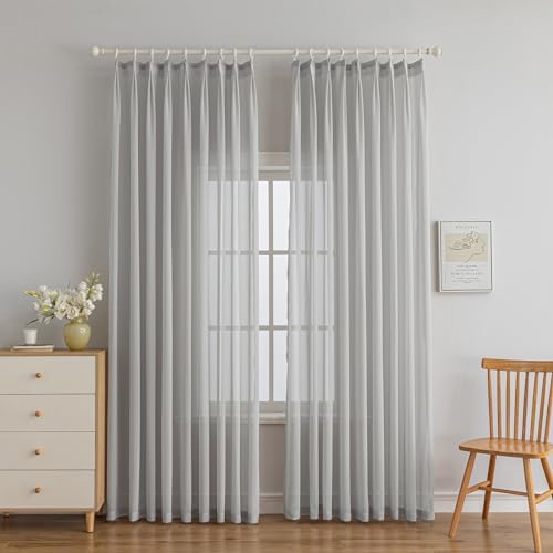 84 inch Long Chiffon Sheer Curtains for Living Room Pinch Pleated Farmhouse Grey Sheer Curtains Light Filterring Semi-Sheer Curtain for Bedroom Pinch Pleat, W52 x L84,Set of 2 - color: Grey, size: 52"W x 84"L (Pack of 2)