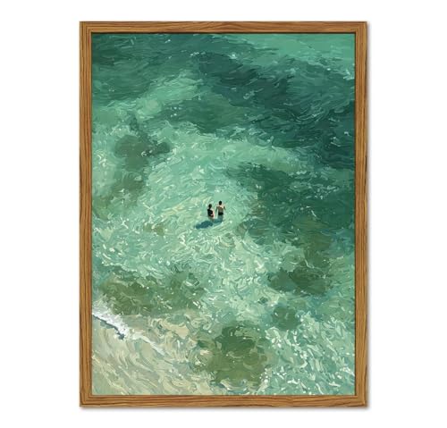 Framed Two People Swimming Wall Art, Green Summer Beach Pictures Wall Decor, Minimalist Abstract Coastal Paintings Canvas Prints Beachy Home Decor for Living Room Bedroom Bathroom 16x24 inch - color: Green Swimmer, size: 24"L x 16"W