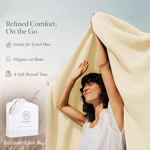 Threadmill Luxury 100% Cotton Twin Herringbone Blanket, Vanilla Cream - color: Vanilla Cream, size: Twin (68" x 92")