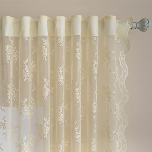 MEETSKY Lace Sheer Curtains 96 Inch Length Cream Floral Sheer Curtain - color: Light Yellow, size: 50"W x 96"L (Pack of 2)