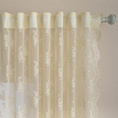 MEETSKY Lace Sheer Curtains 90 Inch Length Cream Floral Sheer Curtain - color: Light Yellow, size: 50"W x 90"L (Pack of 2)